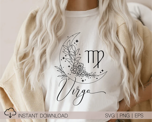Virgo SVG PNG | Zodiac | Virgo Girl Woman | Floral Moon | T shirt Design Cut file